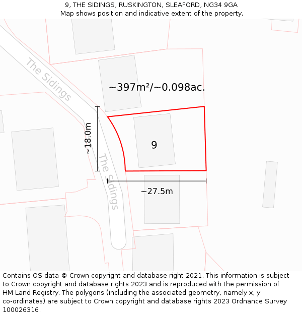 9, THE SIDINGS, RUSKINGTON, SLEAFORD, NG34 9GA: Plot and title map