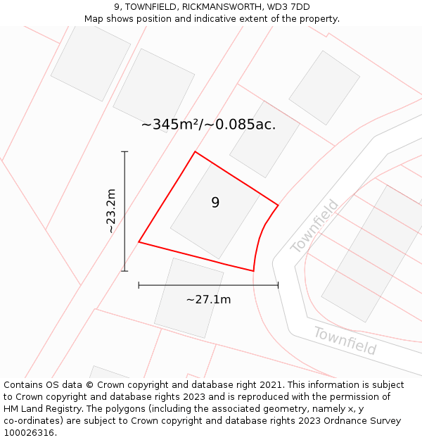 9, TOWNFIELD, RICKMANSWORTH, WD3 7DD: Plot and title map