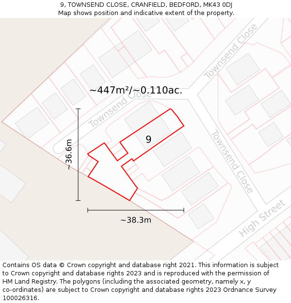 9, TOWNSEND CLOSE, CRANFIELD, BEDFORD, MK43 0DJ: Plot and title map