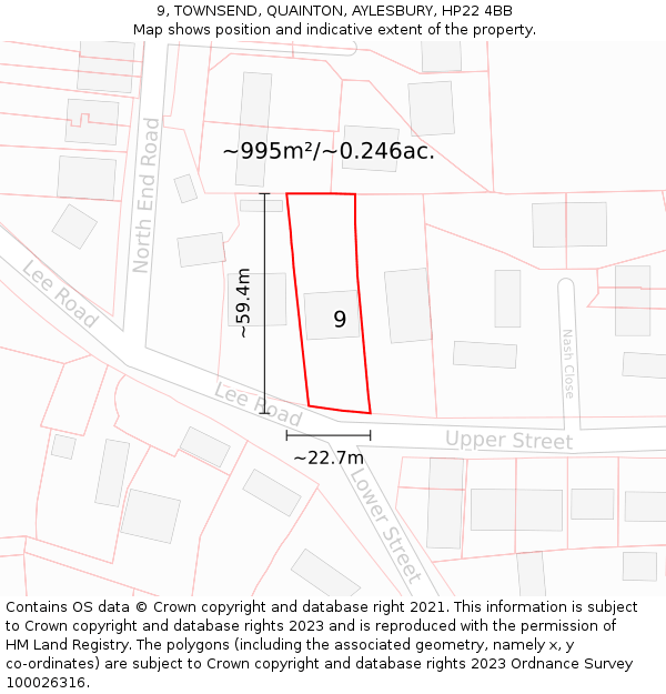 9, TOWNSEND, QUAINTON, AYLESBURY, HP22 4BB: Plot and title map