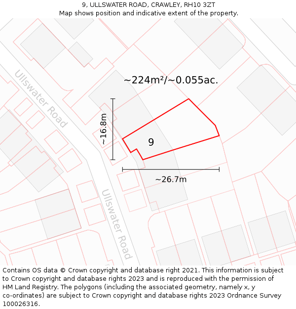 9, ULLSWATER ROAD, CRAWLEY, RH10 3ZT: Plot and title map