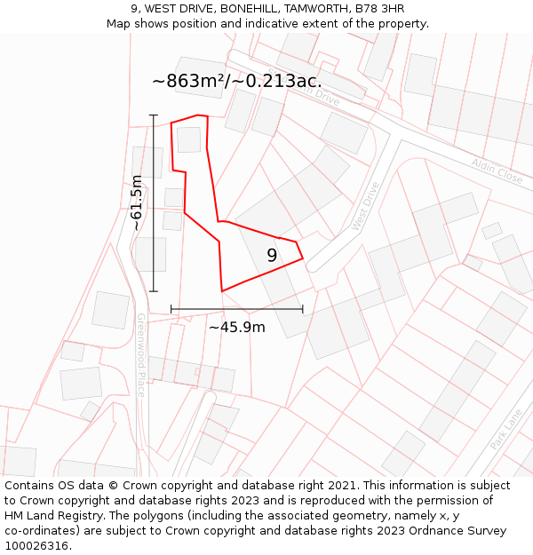 9, WEST DRIVE, BONEHILL, TAMWORTH, B78 3HR: Plot and title map