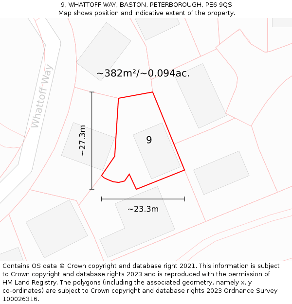 9, WHATTOFF WAY, BASTON, PETERBOROUGH, PE6 9QS: Plot and title map