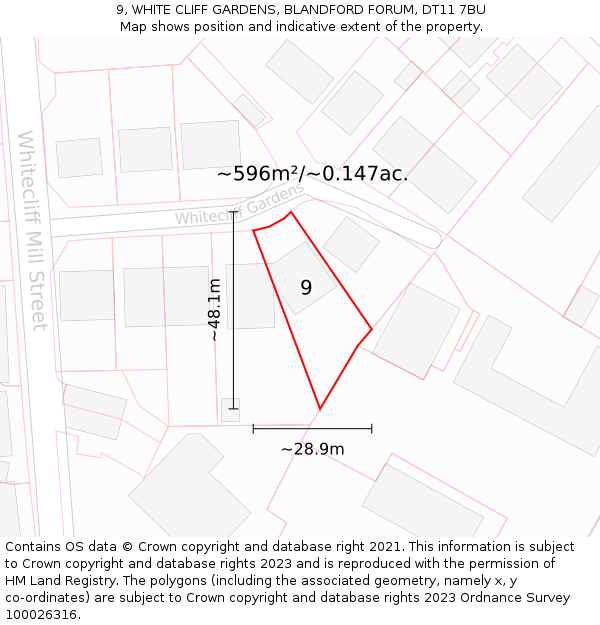 9, WHITE CLIFF GARDENS, BLANDFORD FORUM, DT11 7BU: Plot and title map