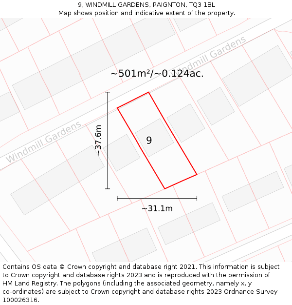 9, WINDMILL GARDENS, PAIGNTON, TQ3 1BL: Plot and title map