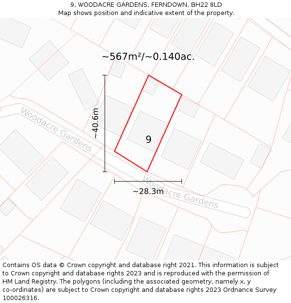 9, WOODACRE GARDENS, FERNDOWN, BH22 8LD: Plot and title map