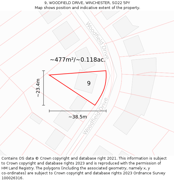 9, WOODFIELD DRIVE, WINCHESTER, SO22 5PY: Plot and title map