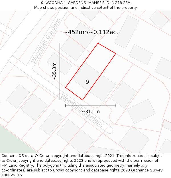 9, WOODHALL GARDENS, MANSFIELD, NG18 2EA: Plot and title map