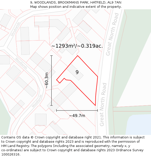 9, WOODLANDS, BROOKMANS PARK, HATFIELD, AL9 7AN: Plot and title map