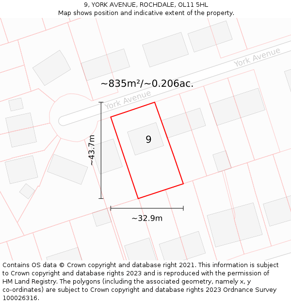 9, YORK AVENUE, ROCHDALE, OL11 5HL: Plot and title map