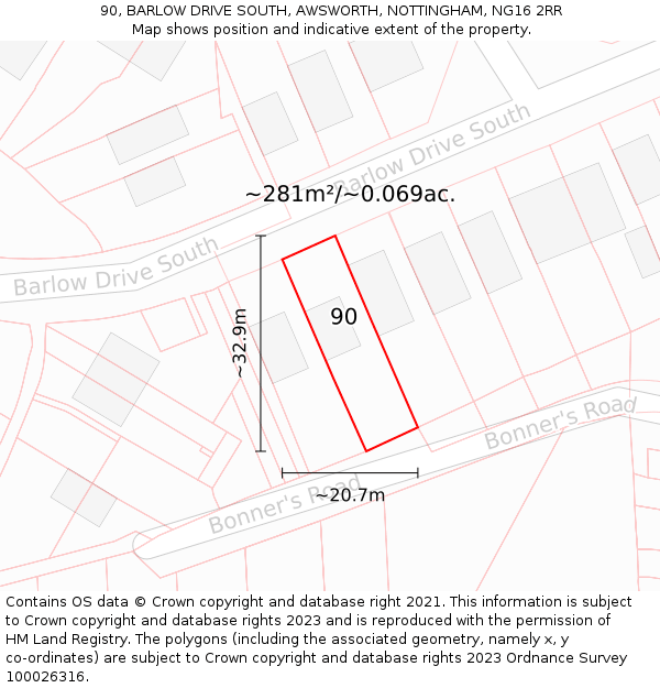 90, BARLOW DRIVE SOUTH, AWSWORTH, NOTTINGHAM, NG16 2RR: Plot and title map