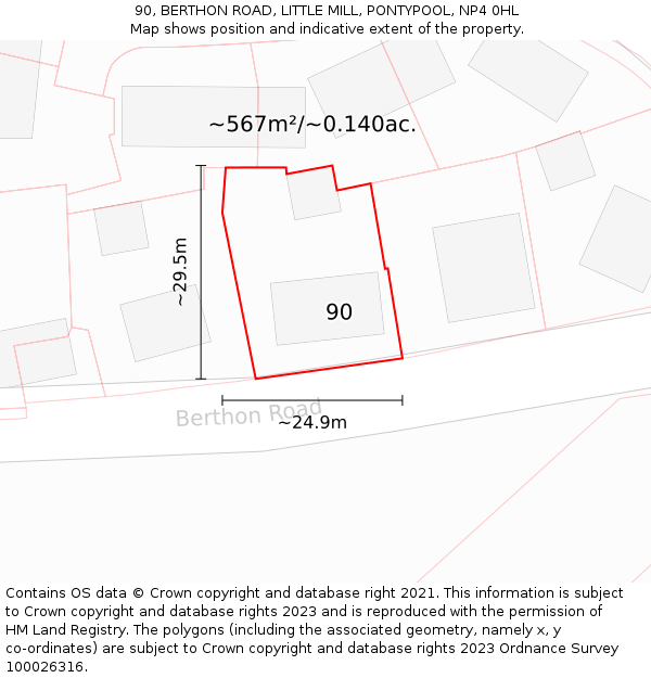 90, BERTHON ROAD, LITTLE MILL, PONTYPOOL, NP4 0HL: Plot and title map