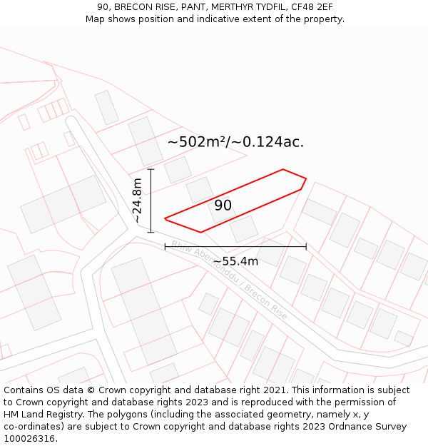 90, BRECON RISE, PANT, MERTHYR TYDFIL, CF48 2EF: Plot and title map