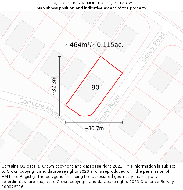 90, CORBIERE AVENUE, POOLE, BH12 4JW: Plot and title map