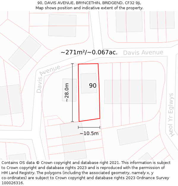 90, DAVIS AVENUE, BRYNCETHIN, BRIDGEND, CF32 9JL: Plot and title map