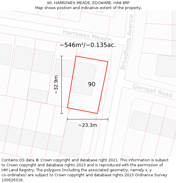 90, HARROWES MEADE, EDGWARE, HA8 8RP: Plot and title map