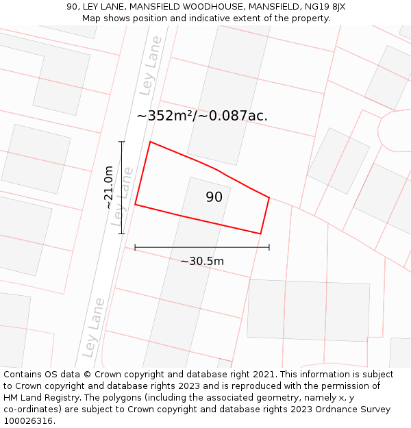 90, LEY LANE, MANSFIELD WOODHOUSE, MANSFIELD, NG19 8JX: Plot and title map