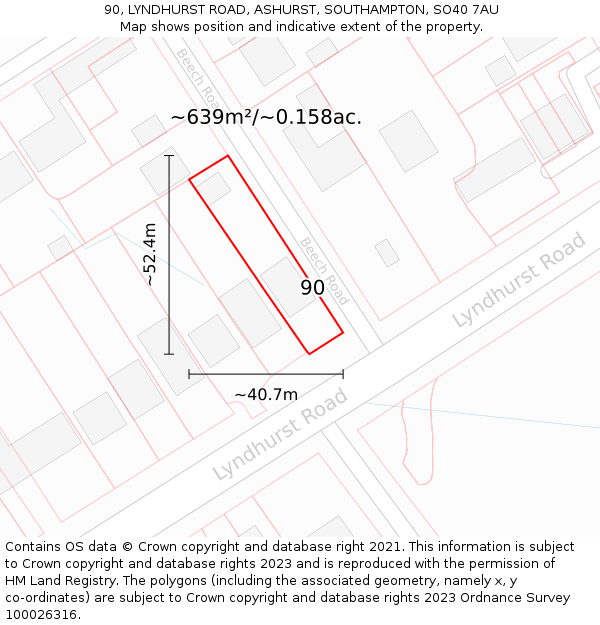 90, LYNDHURST ROAD, ASHURST, SOUTHAMPTON, SO40 7AU: Plot and title map