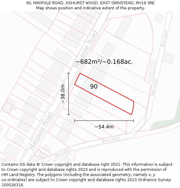 90, MAYPOLE ROAD, ASHURST WOOD, EAST GRINSTEAD, RH19 3RE: Plot and title map