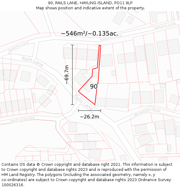 90, RAILS LANE, HAYLING ISLAND, PO11 9LP: Plot and title map