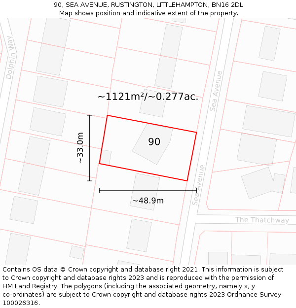 90, SEA AVENUE, RUSTINGTON, LITTLEHAMPTON, BN16 2DL: Plot and title map