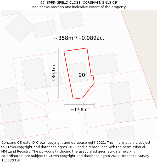 90, SPRINGFIELD CLOSE, CORSHAM, SN13 0JR: Plot and title map