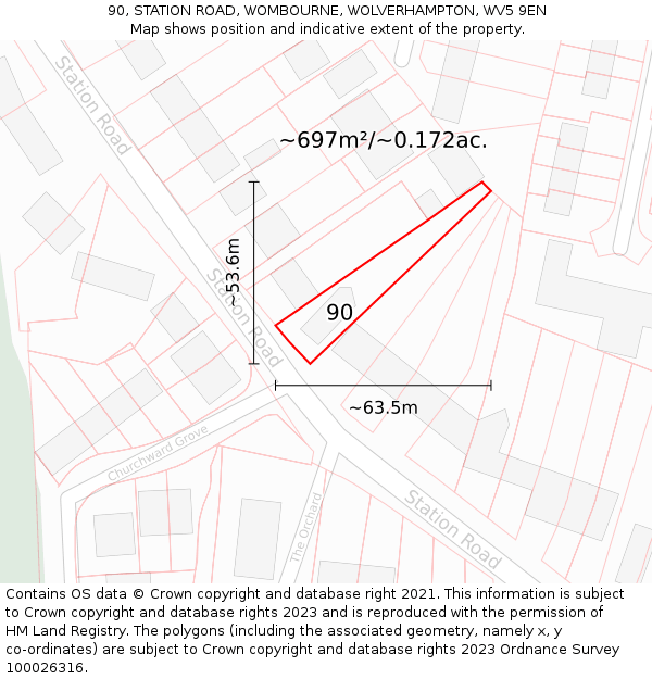 90, STATION ROAD, WOMBOURNE, WOLVERHAMPTON, WV5 9EN: Plot and title map