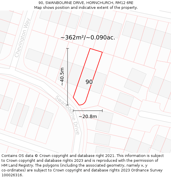 90, SWANBOURNE DRIVE, HORNCHURCH, RM12 6RE: Plot and title map