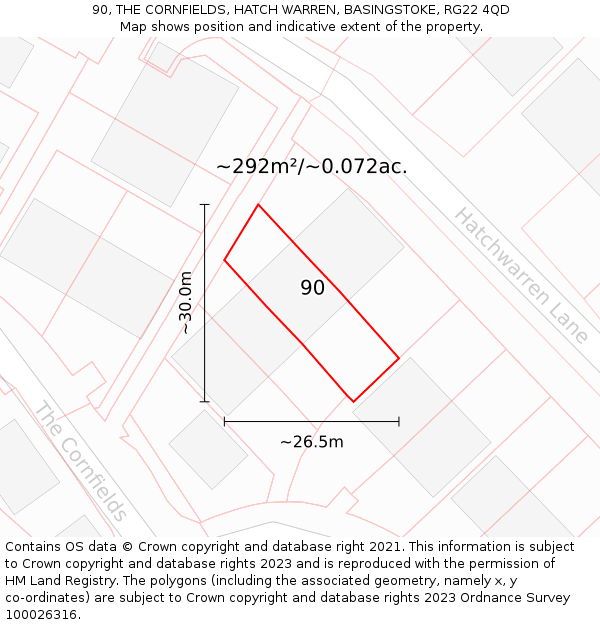 90, THE CORNFIELDS, HATCH WARREN, BASINGSTOKE, RG22 4QD: Plot and title map