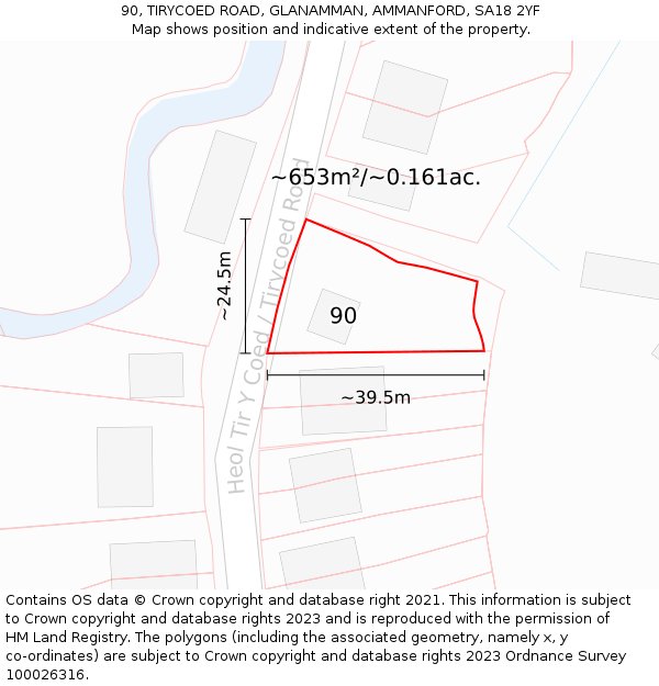 90, TIRYCOED ROAD, GLANAMMAN, AMMANFORD, SA18 2YF: Plot and title map