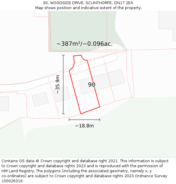 90, WOODSIDE DRIVE, SCUNTHORPE, DN17 2EA: Plot and title map