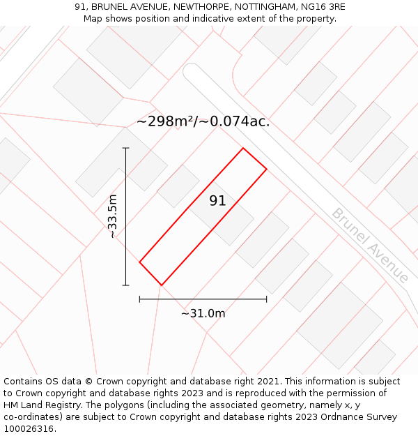 91, BRUNEL AVENUE, NEWTHORPE, NOTTINGHAM, NG16 3RE: Plot and title map