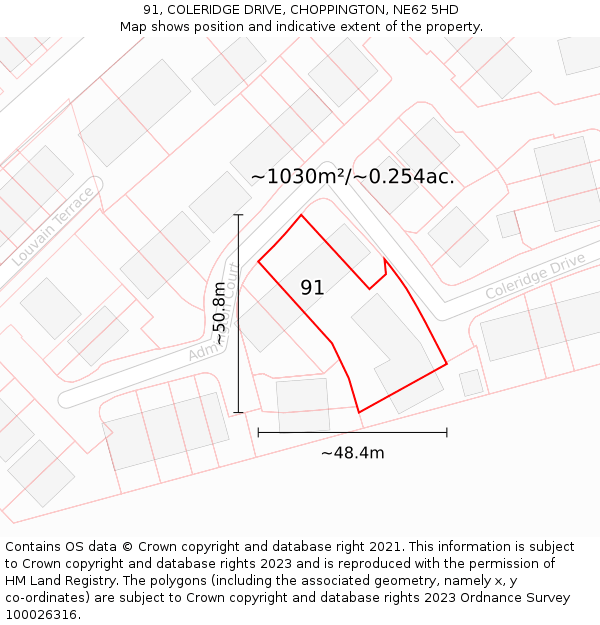 91, COLERIDGE DRIVE, CHOPPINGTON, NE62 5HD: Plot and title map