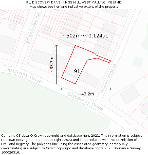 91, DISCOVERY DRIVE, KINGS HILL, WEST MALLING, ME19 4DJ: Plot and title map