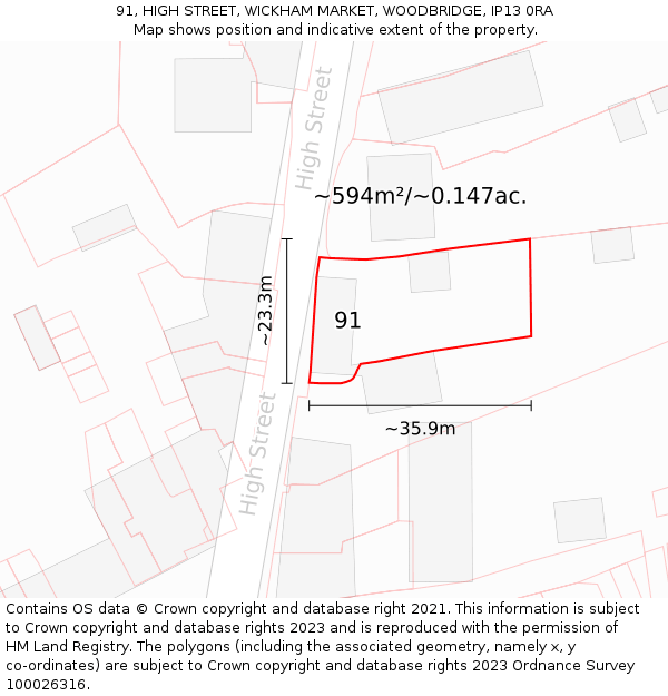 91, HIGH STREET, WICKHAM MARKET, WOODBRIDGE, IP13 0RA: Plot and title map