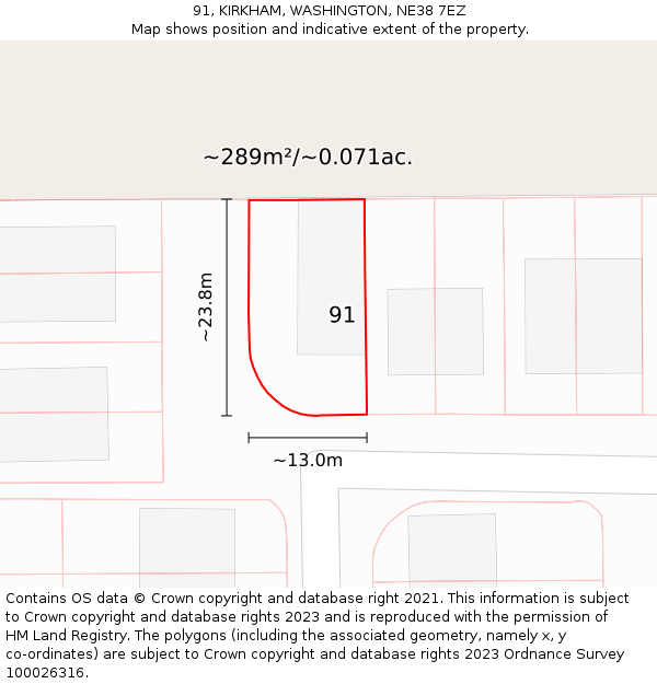 91, KIRKHAM, WASHINGTON, NE38 7EZ: Plot and title map