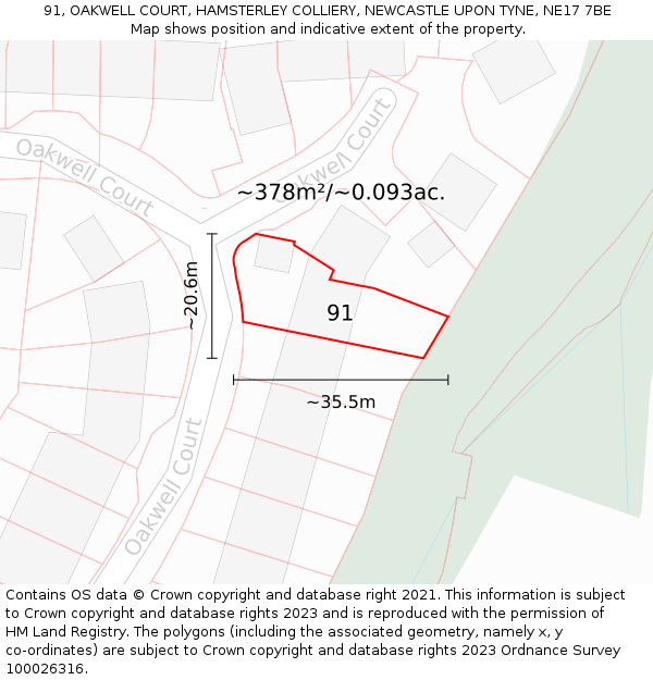 91, OAKWELL COURT, HAMSTERLEY COLLIERY, NEWCASTLE UPON TYNE, NE17 7BE: Plot and title map