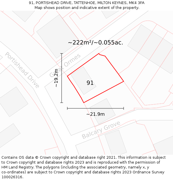 91, PORTISHEAD DRIVE, TATTENHOE, MILTON KEYNES, MK4 3FA: Plot and title map