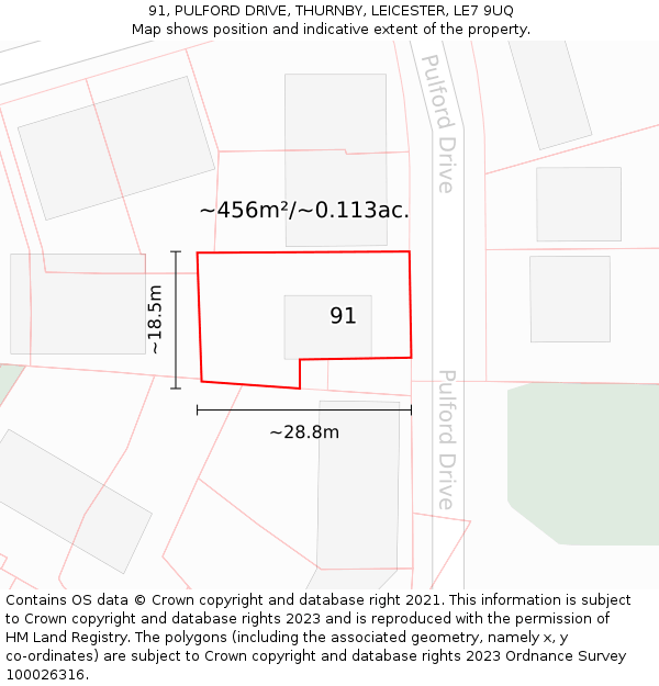 91, PULFORD DRIVE, THURNBY, LEICESTER, LE7 9UQ: Plot and title map