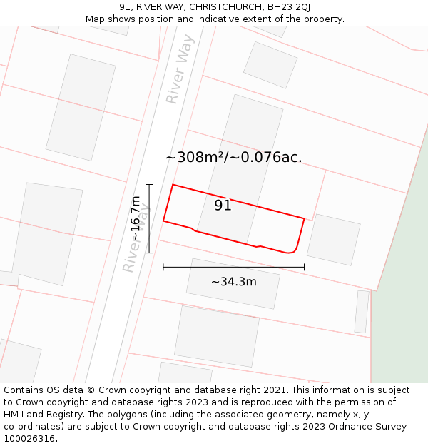 91, RIVER WAY, CHRISTCHURCH, BH23 2QJ: Plot and title map