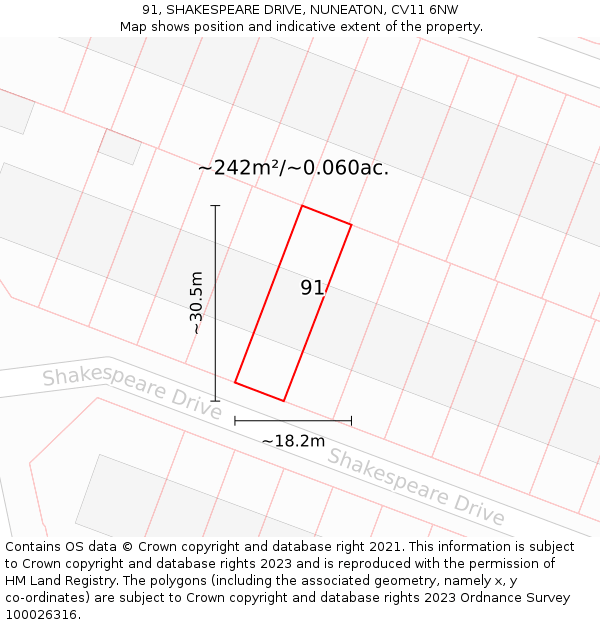 91, SHAKESPEARE DRIVE, NUNEATON, CV11 6NW: Plot and title map