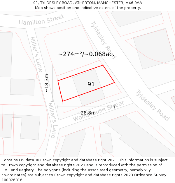 91, TYLDESLEY ROAD, ATHERTON, MANCHESTER, M46 9AA: Plot and title map