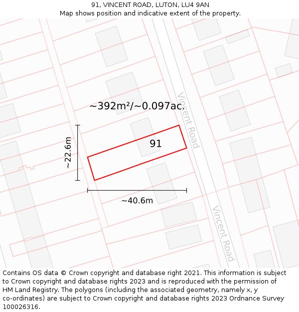 91, VINCENT ROAD, LUTON, LU4 9AN: Plot and title map