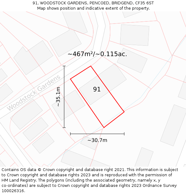 91, WOODSTOCK GARDENS, PENCOED, BRIDGEND, CF35 6ST: Plot and title map