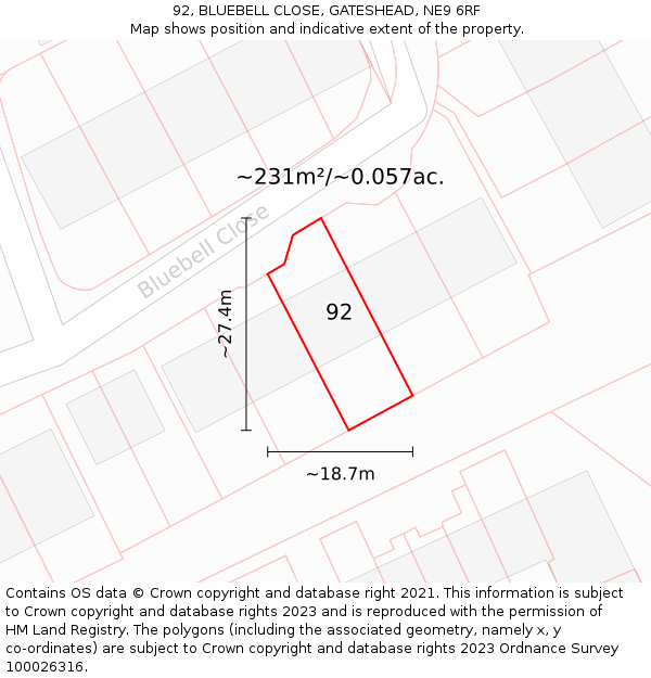 92, BLUEBELL CLOSE, GATESHEAD, NE9 6RF: Plot and title map