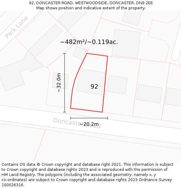 92, DONCASTER ROAD, WESTWOODSIDE, DONCASTER, DN9 2EE: Plot and title map