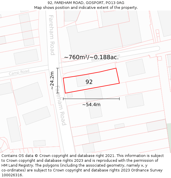 92, FAREHAM ROAD, GOSPORT, PO13 0AG: Plot and title map