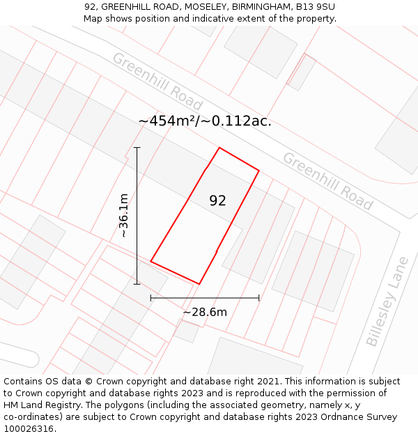 92, GREENHILL ROAD, MOSELEY, BIRMINGHAM, B13 9SU: Plot and title map