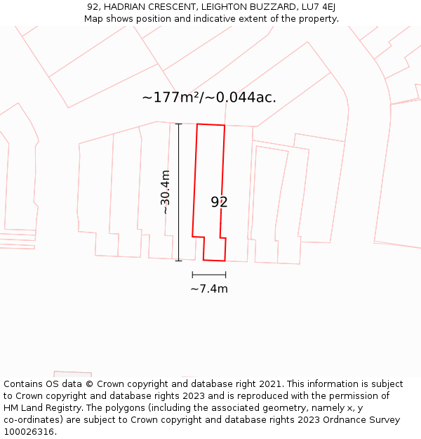 92, HADRIAN CRESCENT, LEIGHTON BUZZARD, LU7 4EJ: Plot and title map