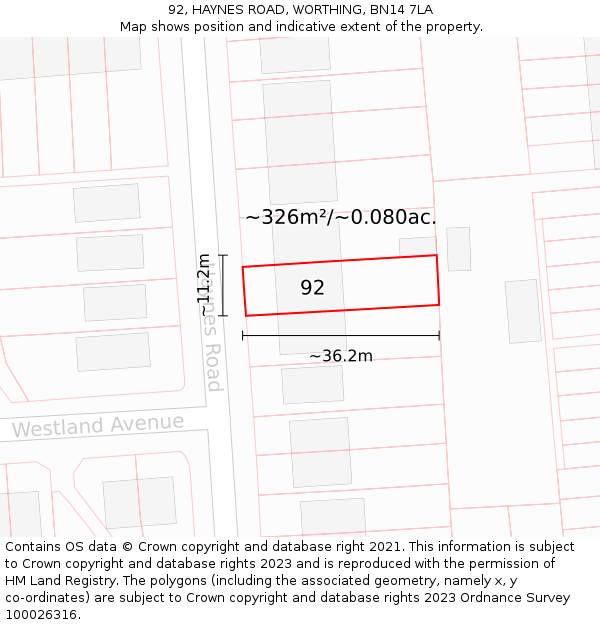 92, HAYNES ROAD, WORTHING, BN14 7LA: Plot and title map